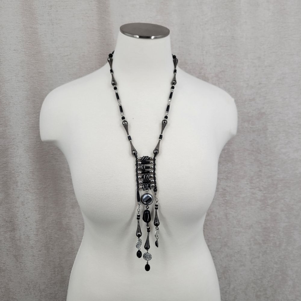 Treska Black Silver Beads Drop Necklace Native American Inspired Statement Boho